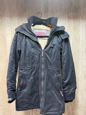 Superdry Microfibre Windparka Women’s M Navy Hooded Faux Fur Trim Coat
